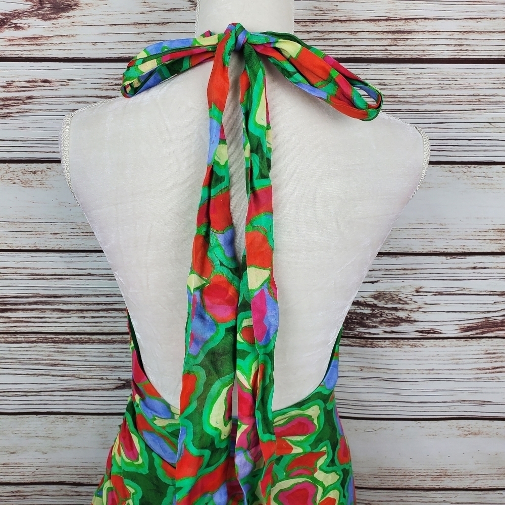 Amanda Uprichard Womens Medium Shaena Tish Style Green Floral Halter Dress  #217 - Picture 7 of 10